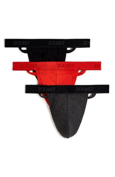 2(x)ist 3-pack Cotton Thong In Black/ Charcoal/ Poppy Red
