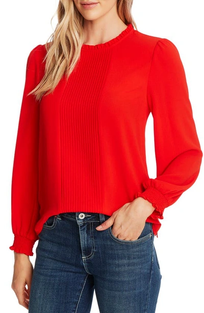 Cece Pintucked Smocked Cuff Chiffon Top In Candy Apple