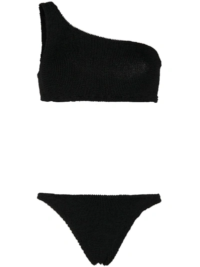 Hunza G Nancy Black One-shoulder Seersucker Bikini