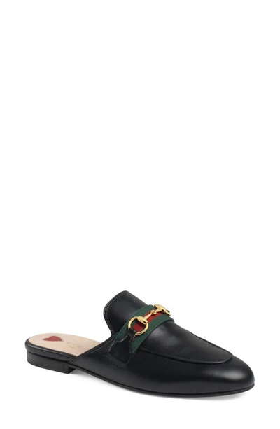 Gucci Leather Web Stripe Princetown Slippers In Black/ Green/ Red