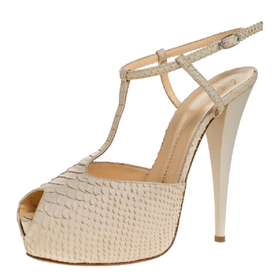 Pre-owned Giuseppe Zanotti Beige Python Embossed Leather T Strap Platform Sandals Size 41
