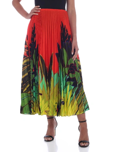 Valentino Mirrored Monkeys Forest Pleated Skirt In Red