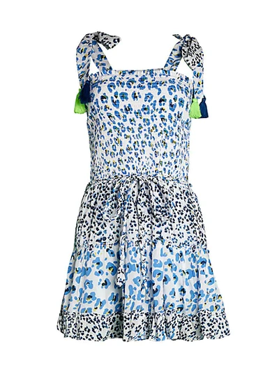Tessora Lena Print Tie-shoulder Flare Dress In Blue Leopard