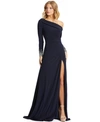 Mac Duggal Long-sleeve Beaded Cuff Asymmetric Jersey Wrap Gown In Midnight Blue