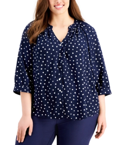 Adrienne Vittadini Plus Size Dotted 3/4-sleeve Shirt In Navy Stampdo