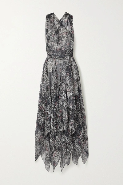 Alaïa Asymmetric Floral-print Silk-crepon Halterneck Dress In Dark Gray