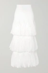 ALAÏA Tiered raffia-trimmed stretch-knit midi skirt