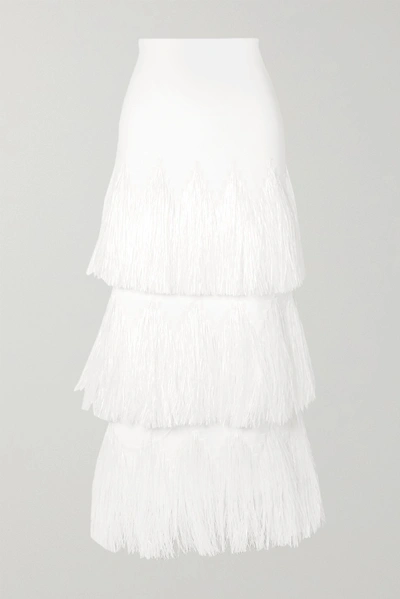 Alaïa Tiered Raffia-trimmed Stretch-knit Midi Skirt In White