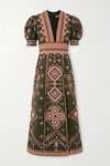 ULLA JOHNSON AMARIA BEADED EMBROIDERED COTTON AND LINEN-BLEND TWILL MIDI DRESS