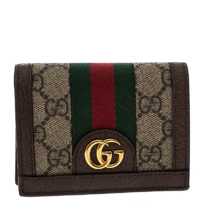 Pre-owned Gucci Brown Gg Supreme Canvas And Leather Web Ophidia Card Case Wallet