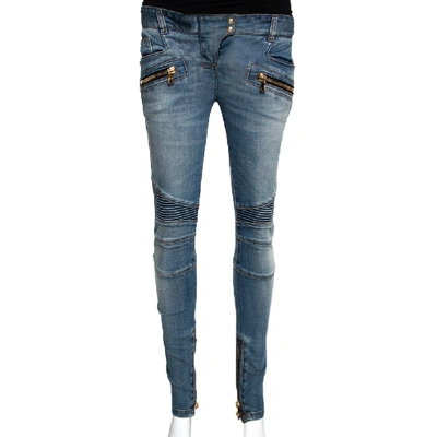 Pre-owned Balmain Blue Denim Zip Detail Skinny Jeans S