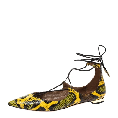 Pre-owned Aquazzura Multicolor Python Embossed Leather Pointed Toe Ankle Wrap Flats Size 37.5