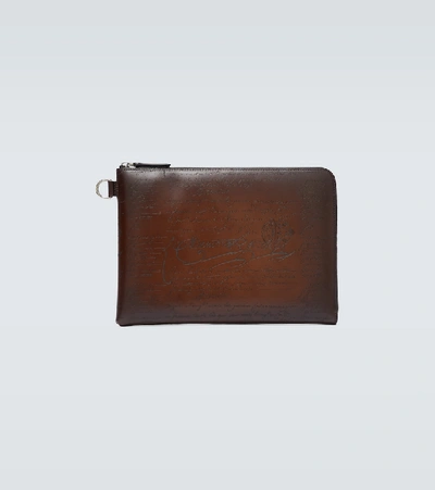 Berluti Nino Scritto Leather Pouch In Brown