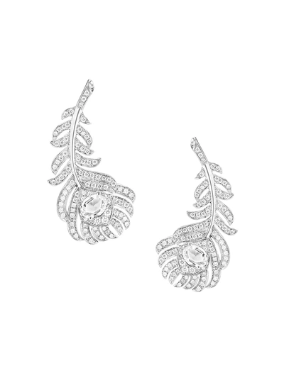 Boucheron Women's Plume De Paon 18k White Gold & Diamond Peacock Feather Clip-on Earrings In Silver