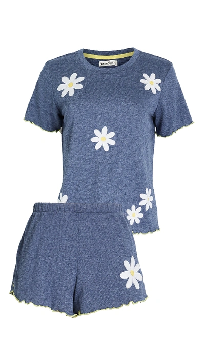 Emerson Road Daisy Pj Set In Denim Solid W/ Daisies