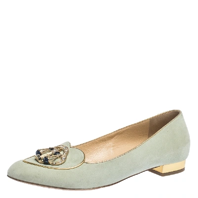 Pre-owned Charlotte Olympia Lime Green Suede Gemini Smoking Slippers Size 41