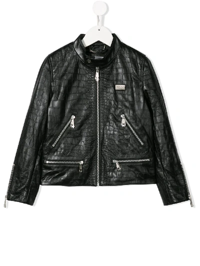 Philipp Plein Junior Kids' Statement Moto Leather Jacket In Black