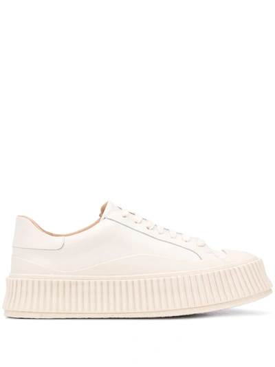Jil Sander Light Beige Leather Chunky Rubber Platform Sole Sneaker In Nude