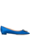 Manolo Blahnik Hangisi Crystal-embellished Satin Point-toe Flats In Blue