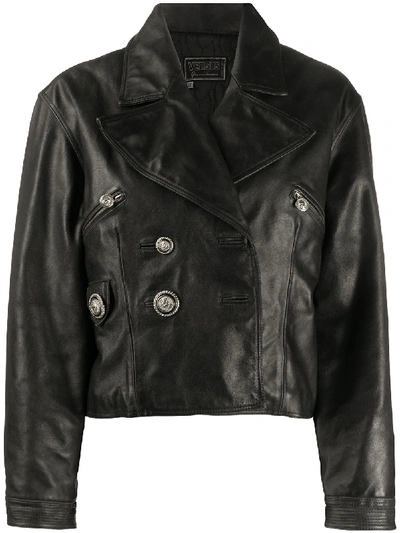 Pre-owned Versace 1990s Double-breasted Leather Jacket In Black