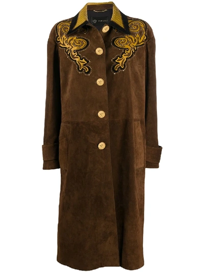 Versace Embroidered Leather Coat In Brown