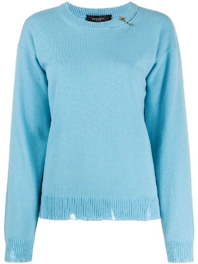 Versace Blue Safety Pin Distressed Cashmere Wool Sweater
