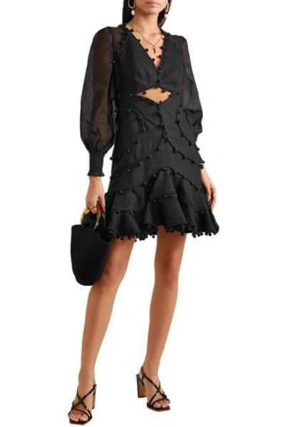 Zimmermann Cutout Silk Gauze-paneled Floral-print Linen Mini Skirt In Black