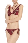 ZIMMERMANN JUNO RUFFLED MESH-TRIMMED PRINTED TRIANGLE BIKINI,3074457345622598294