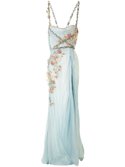 Marchesa Floral Appliqué Soft Draped Gown In Blue Mist