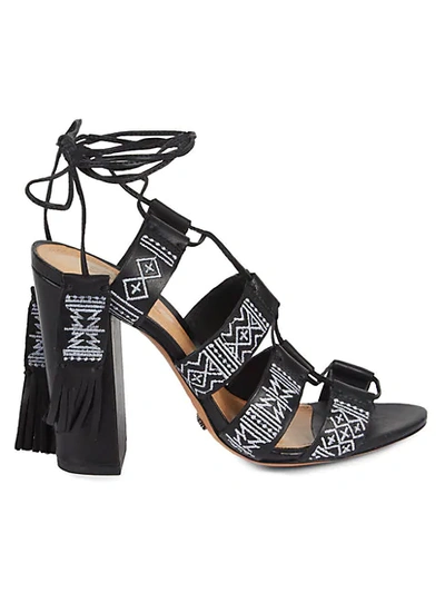 Schutz Primula Embroidered Leather Lace-up Heeled Sandals In Black
