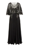 PACO RABANNE SEQUIN-EMBELLISHED CAPE-EFFECT SATIN MAXI DRESS,808909