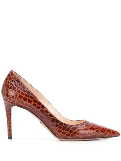 Prada Croc-effect Leather Pumps In Braun