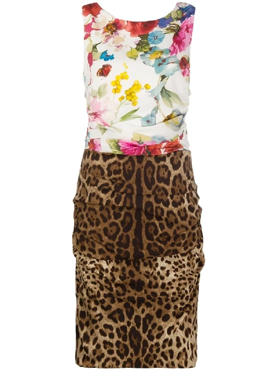 Dolce & Gabbana Leopard And Flower Print Dress In Brown