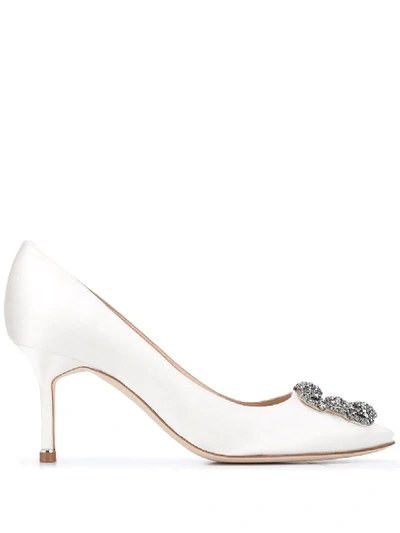 Manolo Blahnik Hangisi 70mm Embellished Buckle Pumps In White
