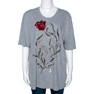 Pre-owned Alexander Mcqueen Grey Cotton Floral Sequin Embellished T Shirt M