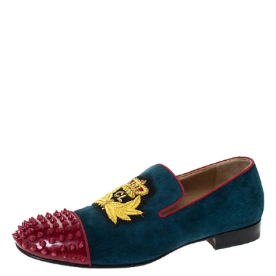 Pre-owned Christian Louboutin Blue/red Suede And Patent Spiked Cap Toe Harvanana Smoking Slippers Size 40 In Multicolor
