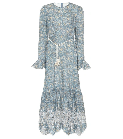 Zimmermann Carnaby Belted Broderie Anglaise-trimmed Floral-print Linen Midi Dress In Blue