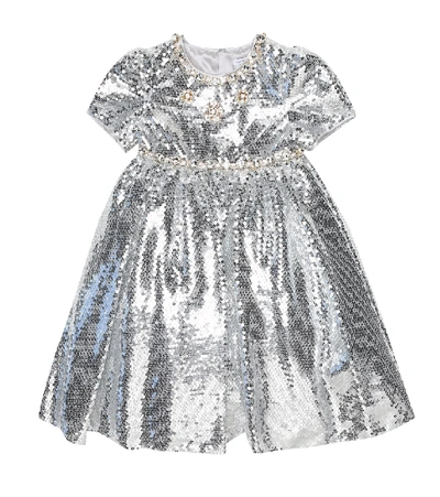 Dolce & Gabbana Kids' Sequined Dress With Jewel Decorations In Silver