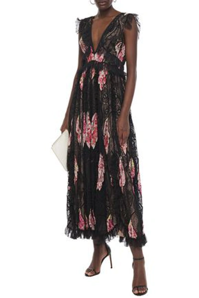 Giambattista Valli Ruffled Floral-print Cotton-blend, Guipure And Chantilly Lace Gown In Black Multi