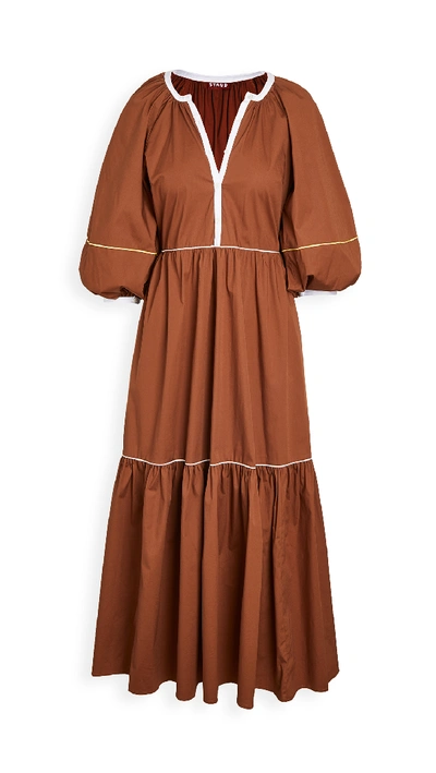 Staud Demi Tiered Cotton-blend Poplin Maxi Dress In Tan W/multi