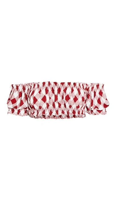 Norma Kamali Jose Off-the-shoulder Ruched Gingham Bikini Top In Red Buffalo Check