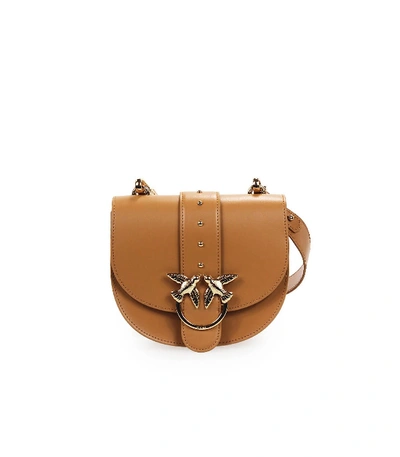 Pinko Go-round Classic Simply Light Brown Crossbody Bag In Leather