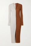 Staud Shoko Two-tone Ribbed Stretch-knit Cardigan In Tan