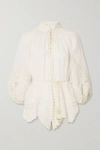 ZIMMERMANN CARNABY BELTED BRODERIE ANGLAISE RAMIE BLOUSE