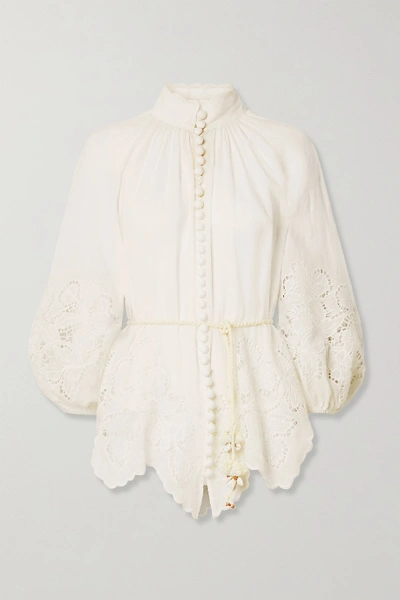 Zimmermann Carnaby Belted Broderie Anglaise Ramie Blouse In Ivory