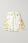 ZIMMERMANN CARNABY BELTED EMBROIDERED LINEN AND COTTON-BLEND SHORTS