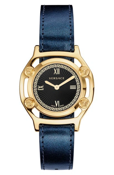 Versace Medusa Frame Leather Strap Watch, 36mm In Black/ Gold/ Yellow Print