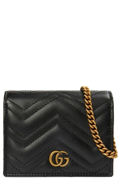 Gucci Gg 2.0 Matelasse Leather Card Case On A Chain In Nero