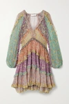 Zimmermann Carnaby Ruffled Tiered Floral-print Silk Crepe De Chine Mini Dress In Green