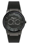 Ferragamo Sapphire Black Ip & Rubber Strap Watch